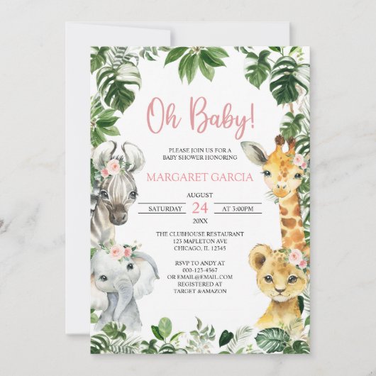 Oh Baby Girl Oerwoud Safari Animals Baby shower Kaart (Voorkant)