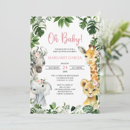 Oh Baby Girl Oerwoud Safari Animals Baby shower Kaart (Staand voorkant)