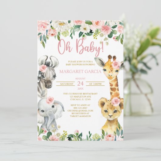 Oh Baby Girl Oerwoud Safari Animals Baby shower Kaart (Staand voorkant)