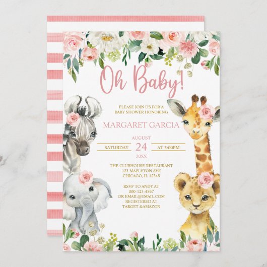 Oh Baby Girl Oerwoud Safari Animals Baby shower Kaart (Voorkant / Achterkant)