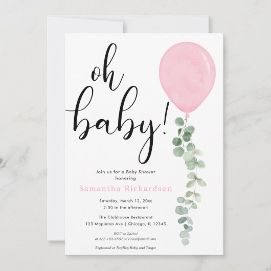 Oh Baby girl roze ballon eucalyptus baby shower Kaart (Voorkant)