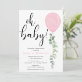 Oh Baby girl roze ballon eucalyptus baby shower Kaart (Staand voorkant)