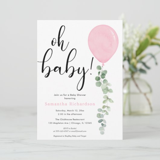 Oh Baby girl roze ballon eucalyptus baby shower Kaart (Staand voorkant)