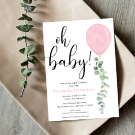 Oh Baby girl roze ballon eucalyptus baby shower Kaart
