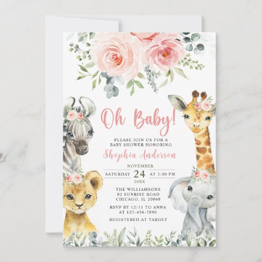 Oh Baby Girl Safari Animals Baby shower Kaart (Voorkant)
