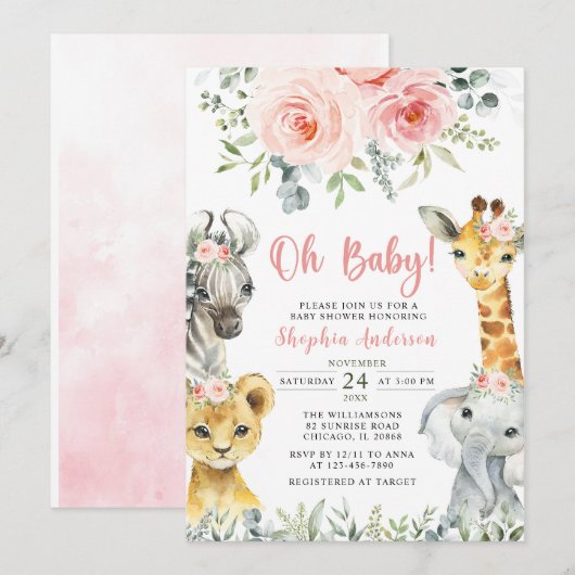 Oh Baby Girl Safari Animals Baby shower Kaart (Voorkant / Achterkant)