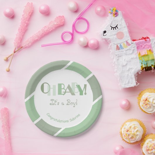 Oh Baby Girl Sage Green Modern Baby shower Papieren Bordje (Feest)