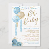 Oh Baby Gold & Blue Balloons Baby shower Uitnodigi Kaart (Voorkant)