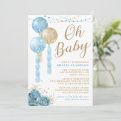 Oh Baby Gold & Blue Balloons Baby shower Uitnodigi Kaart (Staand voorkant)