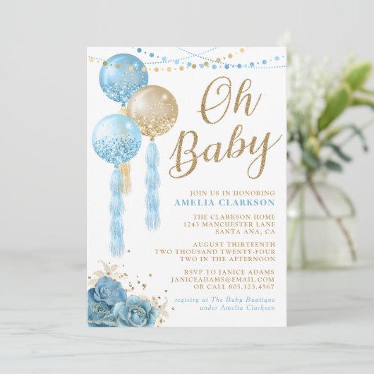 Oh Baby Gold & Blue Balloons Baby shower Uitnodigi Kaart (Staand voorkant)