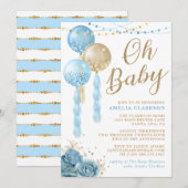 Oh Baby Gold & Blue Balloons Baby shower Uitnodigi Kaart (Voorkant / Achterkant)