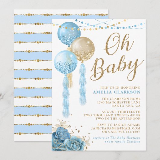 Oh Baby Gold & Blue Balloons Baby shower Uitnodigi Kaart (Voorkant / Achterkant)