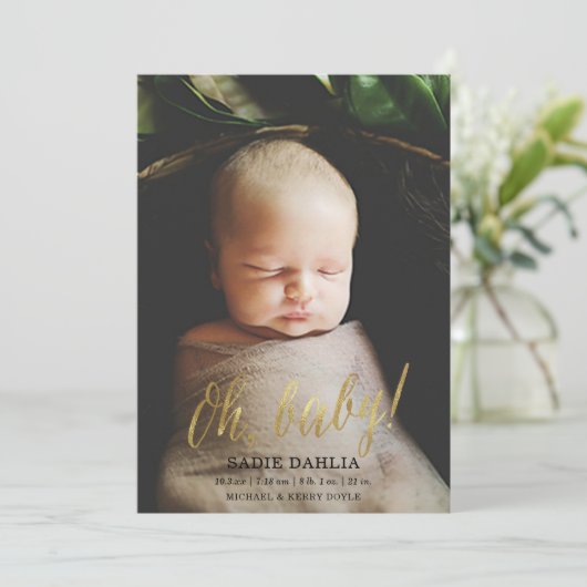 Oh, Baby! Gold Faux Folie Geboorteaankondiging Aankondiging (Staand voorkant)