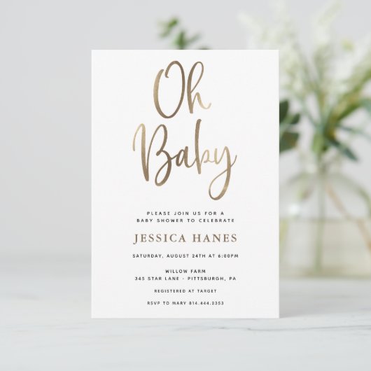 Oh Baby Gold Foil Baby shower Invitation Kaart (Staand voorkant)