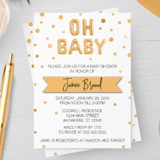 Oh Baby Gold Foil Balloon Baby shower Kaart