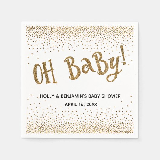 "Oh Baby!" Gold Glitter-Confetti, namen en datum Servet (Voorkant)