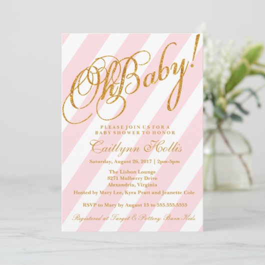 Oh Baby Gold Glitter Stripe Baby shower Uitnodigin Kaart (Staand voorkant)