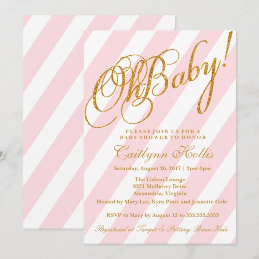 Oh Baby Gold Glitter Stripe Baby shower Uitnodigin Kaart (Voorkant / Achterkant)