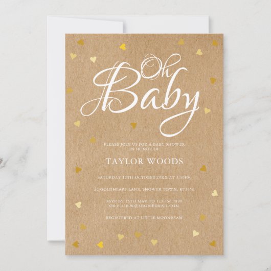 Oh Baby Gold Hearts Baby shower Rustic Kraft Boho Kaart (Voorkant)