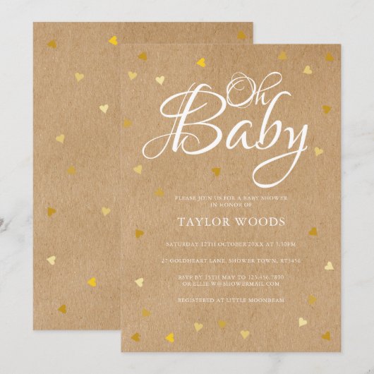 Oh Baby Gold Hearts Baby shower Rustic Kraft Boho Kaart (Voorkant / Achterkant)