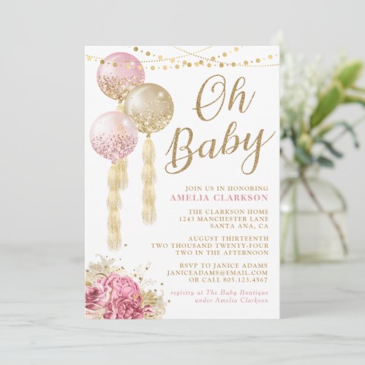 Oh Baby Gold & Roze ballonnen Baby shower Kaart (Staand voorkant)