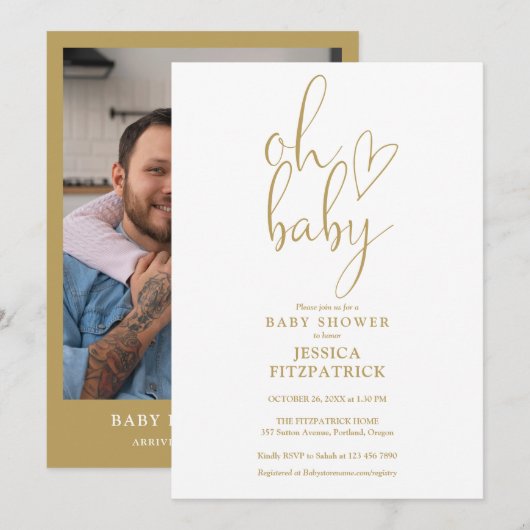 Oh Baby Gold Script Heart Photo Baby shower Kaart (Voorkant / Achterkant)