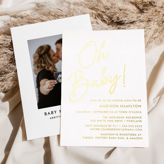 Oh Baby Gold Script Photo Baby shower Folie Uitnodiging