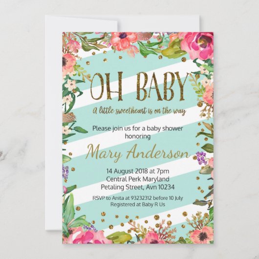 Oh Baby, gouden en munt baby shower uitnodiging (Voorkant)