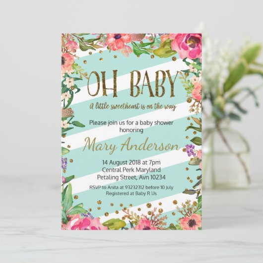 Oh Baby, gouden en munt baby shower uitnodiging (Staand voorkant)