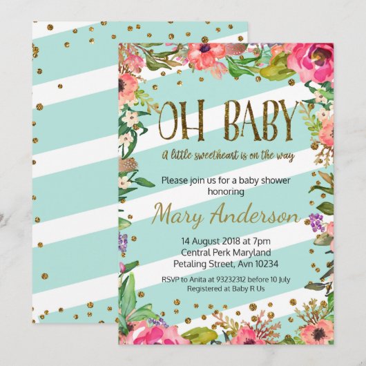 Oh Baby, gouden en munt baby shower uitnodiging (Voorkant / Achterkant)