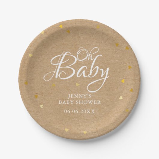 Oh Baby Gouden Harten Confetti Baby Shower/Feestje Papieren Bordje (Voorkant)