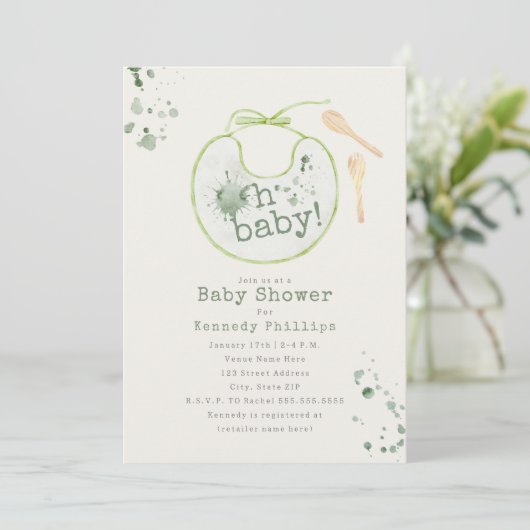 Oh Baby Green Bib Babyfood Neutraal Baby shower Kaart (Staand voorkant)