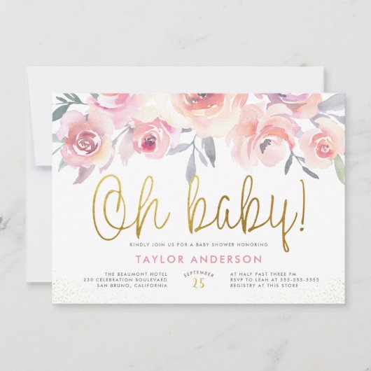 Oh Baby Greenery Blush Roses Girl Baby shower Kaart (Voorkant)