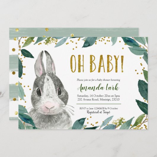 Oh Baby Greenery Bunny Baby shower Uitnodiging (Voorkant / Achterkant)