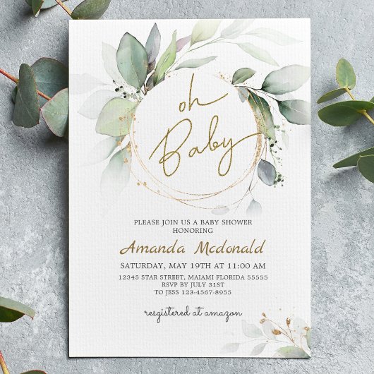 Oh Baby Greenery Gold Foliage Eucalyptus Invitatio Kaart