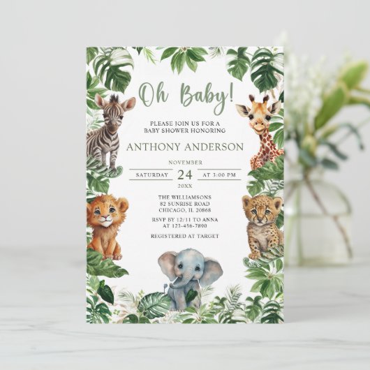 Oh Baby Greenery Oerwoud Safari Animals Baby showe Kaart (Staand voorkant)