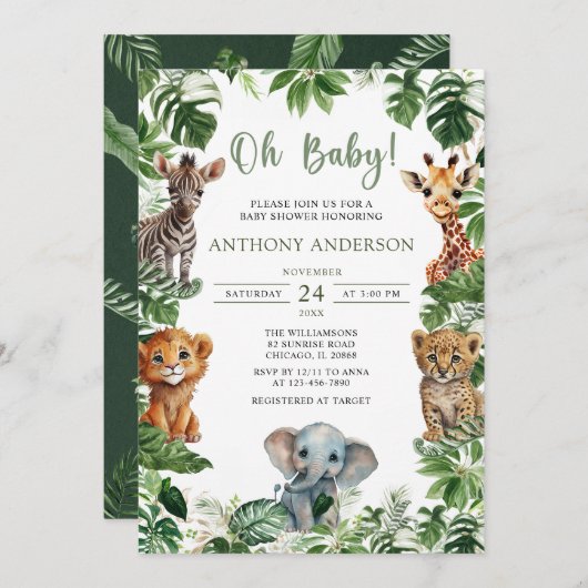 Oh Baby Greenery Oerwoud Safari Animals Baby showe Kaart (Voorkant / Achterkant)