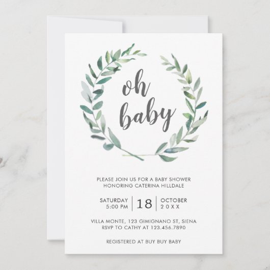 Oh Baby Greenery Wreate Gender Neutral Baby shower Kaart (Voorkant)