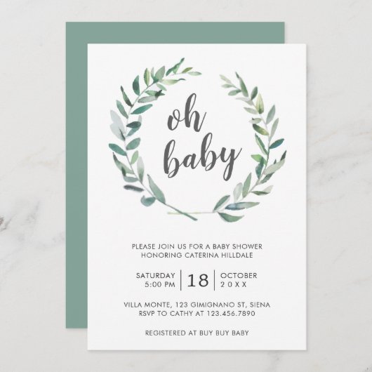 Oh Baby Greenery Wreate Gender Neutral Baby shower Kaart (Voorkant / Achterkant)