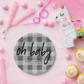 Oh Baby | Grey Gingham Baby shower Papieren Bordje (Feest)