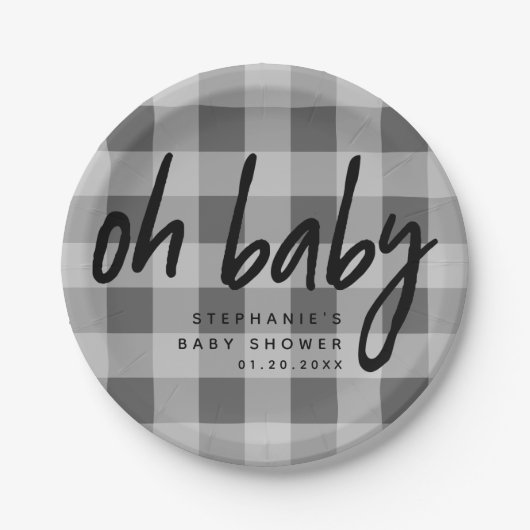 Oh Baby | Grey Gingham Baby shower Papieren Bordje (Voorkant)