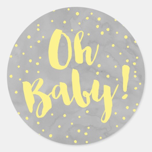 Oh Baby Grijs en Geel Waterverf Baby shower Ronde Sticker (Voorkant)