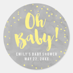 Oh Baby Grijs en Geel Waterverf Baby shower Ronde Sticker