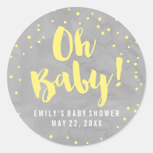 Oh Baby Grijs en Geel Waterverf Baby shower Ronde Sticker (Voorkant)
