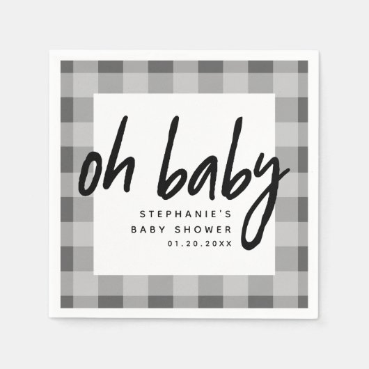 Oh Baby | Grijs Gingham Unisex Baby shower Servet (Voorkant)