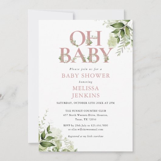 Oh Baby Groene Bloemen Stof Roze Foto Baby Shower Kaart (Voorkant)