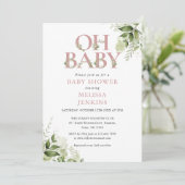 Oh Baby Groene Bloemen Stof Roze Foto Baby Shower Kaart (Staand voorkant)