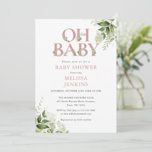 Oh Baby Groene Bloemen Stof Roze Foto Baby Shower Kaart (Staand voorkant)