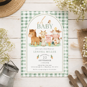 Oh Baby! Groene Gingham Boerderij Dieren Baby Show Kaart