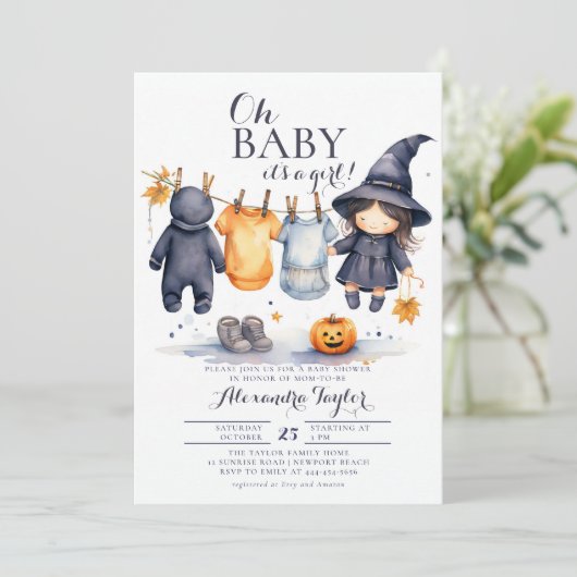 Oh Baby Halloween Herfst Oktober Heks Meisje Douch Kaart (Staand voorkant)